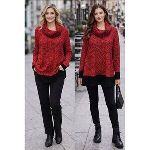 Karl Lagerfeld Paris Red Black Marled Cotton Turtle Neck Tunic Sweater